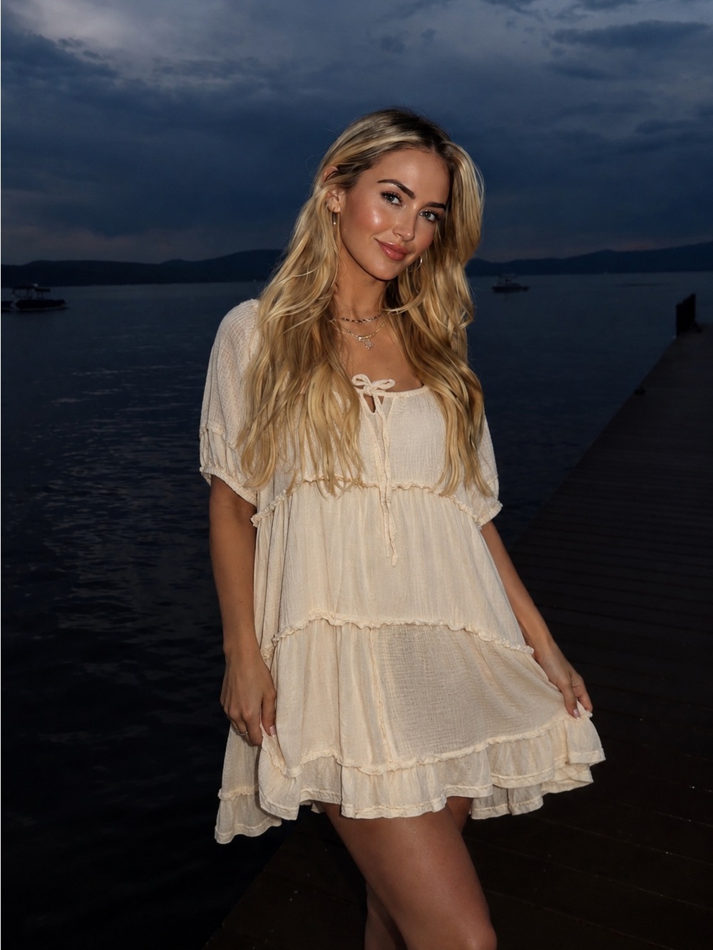 POL CLOTHING Baby Doll Boho Mini Dress Color Block Soft Cream Summer New MFT679A